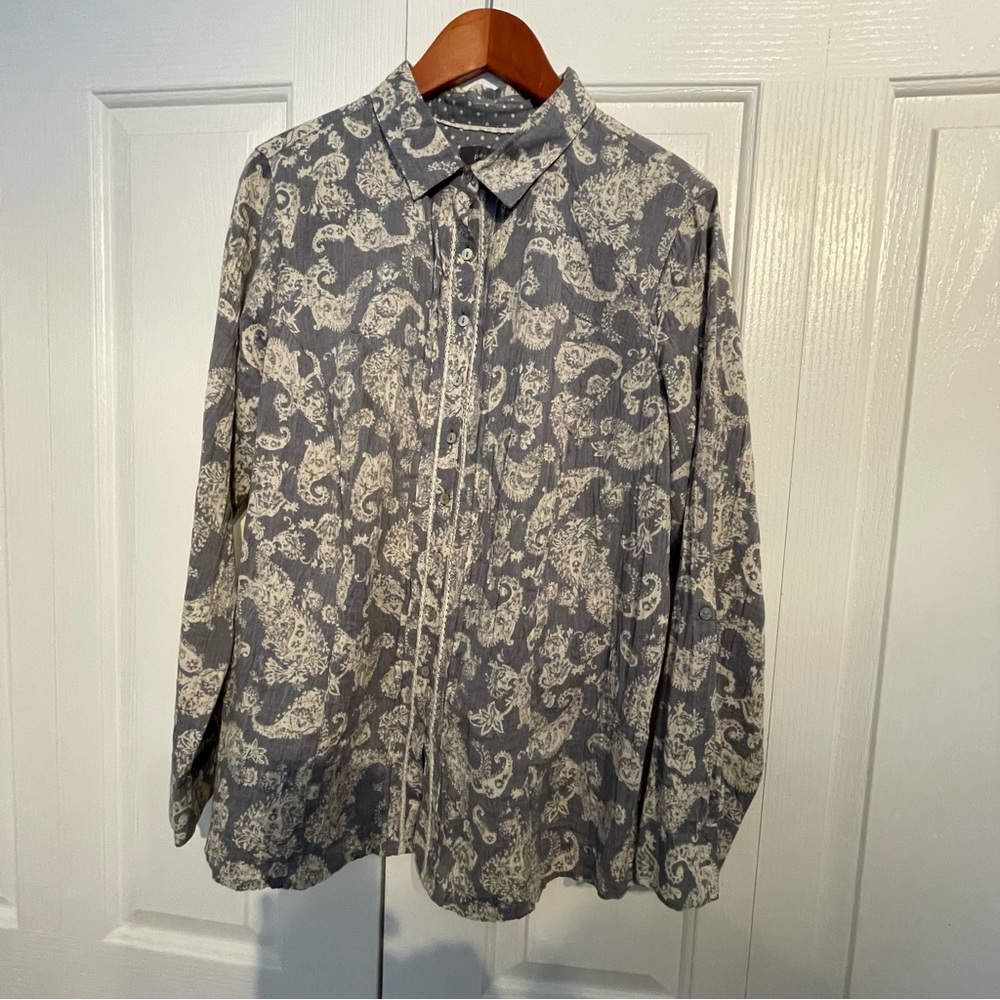 Per Una/Marks & Spencer button up blouse, UK 18, Cotton Blend, blue/grey/white